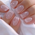 Classic French tip press-on nails in nude pink with a short square oval shape - Light Pink Simple French (CW635)