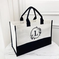 White and black canvas tote bag featuring floral monogram letter L and sturdy handles - No Zipper Style-Open Tote / Beige Black-Letter L