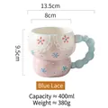 Pink ceramic mug with blue lace pattern, beaded handle and dimensions specifications - Beaded Blue Lace