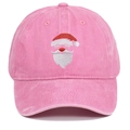 Close-up of Santa Claus embroidery on pink washed cotton distressed baseball cap - Pink