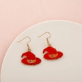 Halloween drop earrings featuring a red wizard hat with orange ribbon and gold hooks - Red Wizard Hat