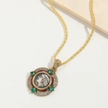 Vintage gold coin pendant necklace with green gems and red enamel on twisted rope chain - Green Zircon Coin
