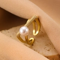 Elegant gold-plated wrap ring featuring a lustrous white pearl and sparkling zircon accents - Gold Pearl Double Layer Ring (0371)