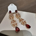 Elegant gold-plated tassel earrings with red teardrop gems and butterfly accents - 91# Silver Needle - Gold - Red.
