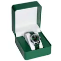 Dameshorloge met groene zonnestraal wijzerplaat en strass-bezel in groene lederen doos - Groen-Leren Horlogedoos / 10*11*7.5