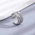 Adjustable silver layered ring with triple band design and woven twist texture - Silver Multilayer Twist Open Ring (10731)