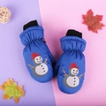 Blue waterproof kids ski mittens with cute snowman print and warm thick lining - One Size / Blue Snowman / 3-6 Years