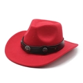 Detail of red western cowboy hat with black leather band and silver star rivets - M (56-58cm) / Red