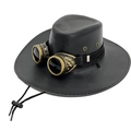 Western PU leather cowboy hat in black with steampunk goggles and windproof strap - M(56-58cm) / Black with Goggles
