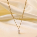 Elegant gold double layer paperclip chain necklace with a round white pearl pendant - Pearl Double Layer Chain (H6007) / 35+5/40+5cm / Gold