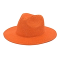 Top-down view of a bright orange straw fedora hat featuring a wide brim and dented crown - Orange