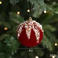 Red flocked 8cm Christmas ball ornament with white pearls and gold glitter details - Pearl Powder Christmas Ball