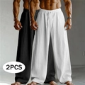 Two-piece set of men's breathable cotton linen wide leg trousers in black and white colors - S / Bottoms / 2PCS / Black + White