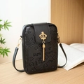 Crossbody phone bag for women in black embossed PU leather with crown tassel pendant - Black