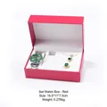 Luxury red faux leather watch gift set featuring a green emerald necklace and ring - Set Watch Gift Box / Red
