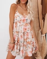 Bohemian floral tiered strap dress in cream white with orange-pink blossoms - S / As Shown