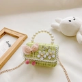 Girls' yellow-green tweed mini bag with pearl handle, Love sequins and bow detail - Green Floral
