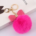 Fuchsia faux rabbit fur ball keychain with bowknot and crystal gold lobster clasp - Plum Red - Crocodile Bow