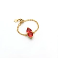 Adjustable gold chain ring with heart-shaped red gems and sliding bead closure - Gold-Red Zirconia