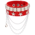 Red multi-layer leather punk choker with silver rivets stars and bell decoration - Red Chain