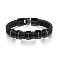 Detail of men's double-layer black braided leather bracelet with 5 custom steel rings - Black Clasp - 5 Names