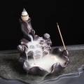Brown ceramic lotus leaf backflow incense burner with small fish and flowing smoke - Koi and Lotus Rhyme