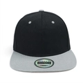 Front view of black and gray two-tone snapback hat with laser sticker and six-panel crown - Light Gray Brim Black Hat
