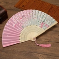 Pink and green gradient silk folding fan with cherry blossoms and a pink tassel - Pink Cherry Blossom
