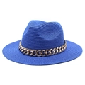 Detail of wide-brim dark blue straw fedora hat with chunky gold chain decoration - M (56-58cm) / Single Royal Blue Hat
