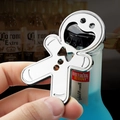Silver gingerbread man metal bottle opener keychain showing practical use on beer cap - Gingerbread Man (With Magnet) (X-1540) / Silver