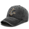 Washed dark gray denim baseball cap with anchor embroidery and classic curved brim - Black