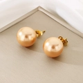Champagne gold pearl stud earrings with 10mm round satin luster on golden metal base - 12mm / Gold Base Brown Faceted Crystal (KE116410-K)