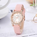 Detail of pink leather strap and rose gold crystal bezel on Amadi luxury women watch - Pink