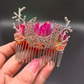 Silver branch and moon hair comb featuring pink and orange gradient natural crystals - Red Orange + Branch + Moon