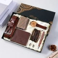 Men's gift set with brown watch, belt, wallet, and tie in a black elegant gift box - 11-Piece Coffee Set (Belt + Wallet + Watch + 3 Bracelets + Tie + 2 Cufflinks + Pen + Gift Box)
