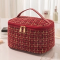 Large capacity burgundy tweed cosmetic bag with gold zippers and handle detail - Burgundy