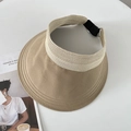 Khaki open-top straw sun hat with wide brim and adjustable elastic strap for women - Khaki