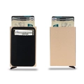 Macro detail of champagne gold metal RFID wallet showing automatic card pop-up mechanism - Gold