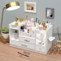 White tiered vanity organizer with three drawers and intricate hollow carved patterns - Type A Scrolling Leaf 3 Drawers