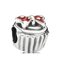 Red cupcake charm bead in silver with white dots and a bow for DIY jewelry making - Cupcake (Red Bow)