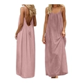 Detail view of pink backless long dress with thin straps and pleated fabric texture - S / Pink