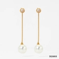 Long gold stainless steel chain earrings with white pearl and sparkling zircon stud - Gold Pearl Long Tassel Earrings (D2603)