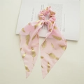 Macro di elastico per capelli in chiffon rosa con piuma dorata e nastro elegante - Nastro di piume rosa
