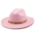 Detail of pink wool fedora hat featuring a brown leather strap with gold metal studs - M (56-58cm) / 18 Pink