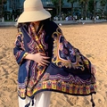 Dark blue bohemian cotton linen shawl with ethnic paisley prints and tassel edges - 180*90CM / 37118-Navy Paisley