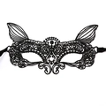 Close-up of black lace cat ear mask with detailed embroidery and side ribbons - Elf