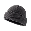 Short dark gray ribbed knit beanie featuring distressed holes and a street hip-hop style - Dark Gray
