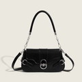 Elegante borsa a spalla in pelle nera con chiusura argento vintage e dettaglio catena - Nero