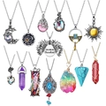 Set of bohemian necklaces with moon, sun, sunflower and natural stone crystal pendants - 14PC Set