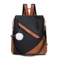Sac à dos femme en nylon noir imperméable avec cuir marron et pompon blanc décoratif - Noir
